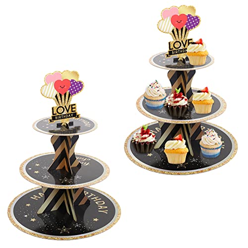 Paquete de 2 soportes de cartón para magdalenas para cumpleaños, soporte de postre, 3 niveles, soporte para postres, para fiestas de cumpleaños, color negro Cover
