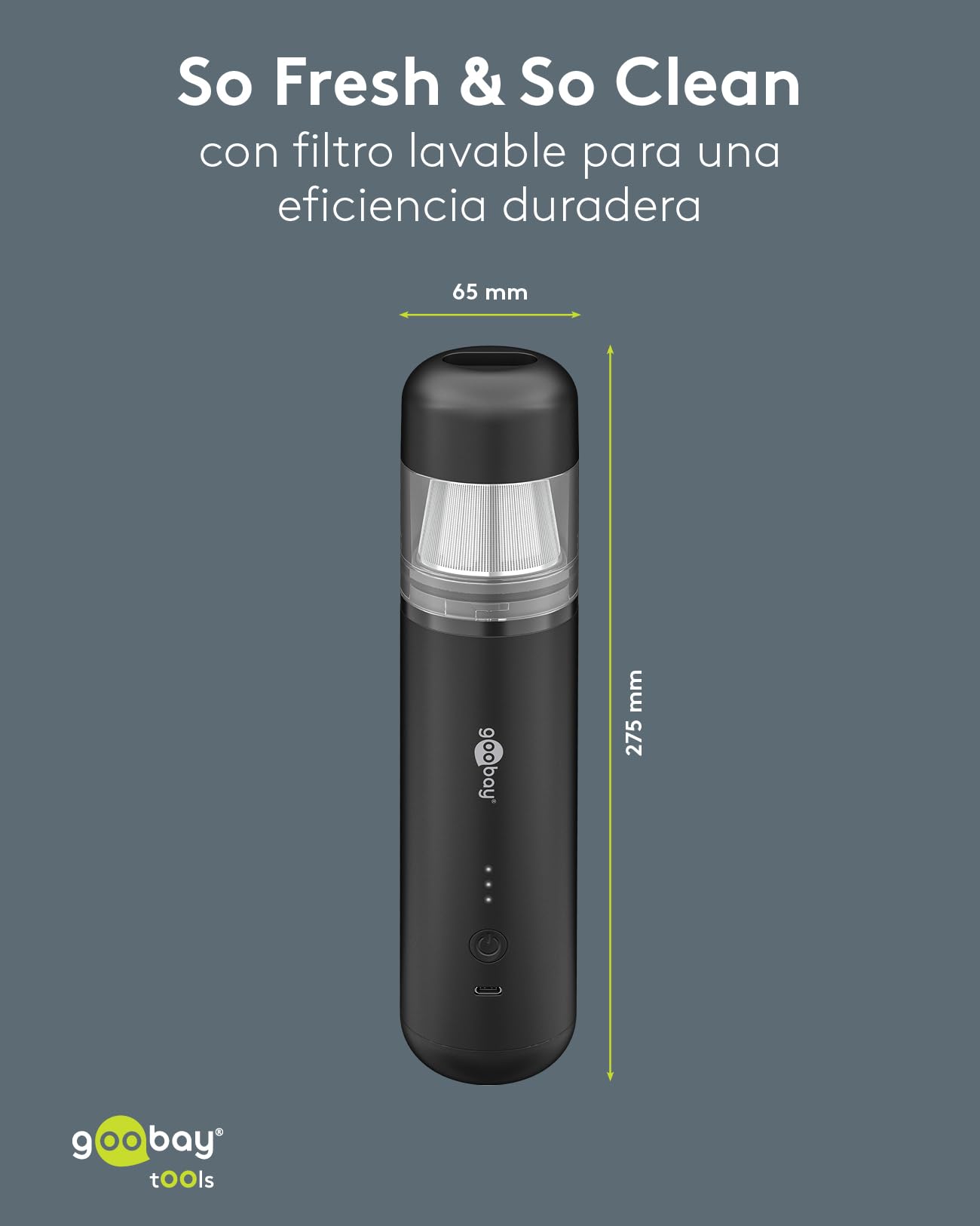 goobay Mini aspiradora inalámbrica con batería Recargable, 120 W, 3 Niveles de Potencia, 7 boquillas y 3 cepillos, función sopladora, Filtro Lavable, para Coche, Oficina y hogar, Negra, 77829