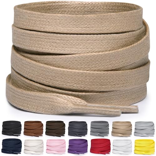 Miscly Lacci Piatti in Cotone Cerato per Stivali, Sneaker e Scarpe - Disponibili in Diverse Lunghezze e Colori (Cachi, 114 cm)