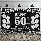 JOYKY Happy 50th Birthday Banner, Black Silver 50th Birthday Party Decorations for Men Women Her Him, 50 Year Old Birthday Supplies Backdrop Décor, 5.9 X 3.8 Fts