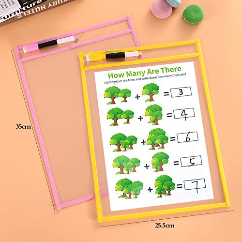 Qtqyqj 15Pack Reusable Dry Erase Pockets Set - 10Pcs Dry Erase Pen + 5Pcs Transparent Pet Erasable Pocket Sleeve Dry Erase Sleeves With Hole,Write And Wipe Pockets #TOP1