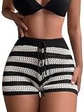 Verdusa Women's Striped Swimsuit Beach Knitted Crochet Cover Up Shorts Black and White L