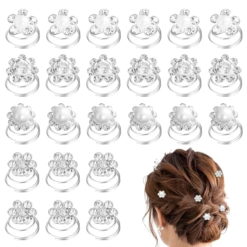 24 Horquillas de Espiral para Pelo Boda, Tocados de Boda Invitada y Novia, Adornos para el Pelo Mujer con Brillantes, Accesorios Pelo Fiesta y Comunión, 4 Tamaños, Plateado