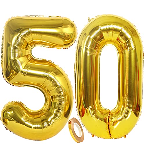 Cymeosh 2 Globos Número 50 Dorado, Globo de Aluminio Gigante Número 50 Globos de Helio Globos Inflables Número 50 para Cumpleaños, Bodas, Decoración de Fiesta de Aniversario (100 cm) Cover