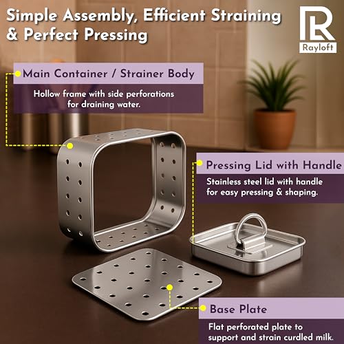Image of Large 750 ML Stainless Steel Paneer Maker Mould Press | Square Paneer & Tofu Maker with Lid & Base Plate | Multipurpose Sprout Tofu and Paneer Maker | Food Grade, Rust-Proof, Dishwasher Safe