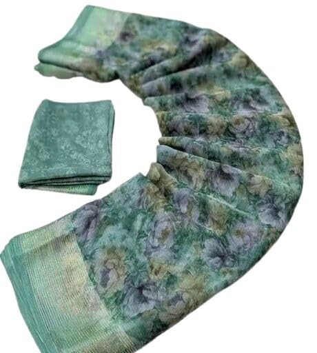 TRENDY NEW Chiffon Printed Saree | Batik Print with Contrast Blouse & Self-Weaving Zari Border, Multi 1-image-13