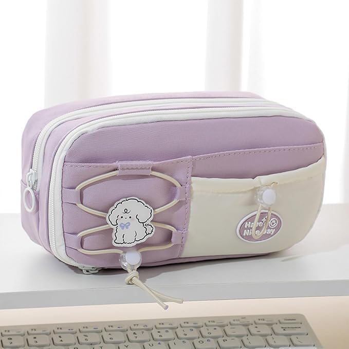 Image of Invite Large Capacity Cute Aesthetic Pencil Case with Multi Compartments, Multi-Pocket Pastel Pen Pouch Organizer with Zipper, Kawaii School Supplies Bag for Girls, Teens & Students (Purple Dog)