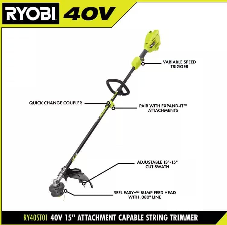 RYOBI 40V Cordless Attachment Capable 15" String Trimmer & 550 CFM 120 MPH Blower Combo Kit with 4.0 Ah Battery & Charger