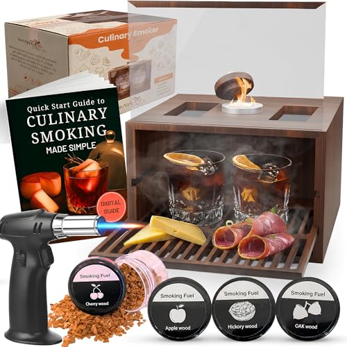 Bon Apperoo 2-Glass Culinary Smoker Box with Torch - Portable Cold Food and Cocktail Infuser - Indoor Whiskey and Bourbon Smoking Kit - Ideal for Drinks and Charcuterie - Butane Not Included
