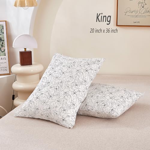 Image of ECOCOTT 2 Pack Pillowcase King Size with White & Black Floral Pillow Cases Set, 100% Cotton King Pillow Covers Envelope Closure (King, 20 inchx36 inch)