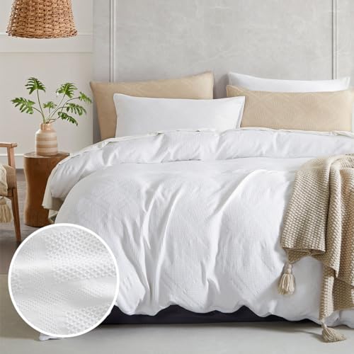 Nayoroom Waffle Duvet Cover Queen Size White Waffle Weave Knit Geometric Diamond Pattern Comforter Cover 3 Pieces Boho Aesthetic Textured Bedding Set Soft Microfiber with Zipper Closure