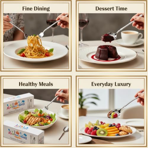 Image of 4 Pcs Silver Stainless Steel Cutlery Set for Dining Table | 1 Dinner Spoon, 1 Dinner Fork, 1 Dessert Spoon & 1 Fruit Fork (Perfect Spoon Fork Set for Kitchen)