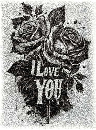 Black Rose Flower with I Love You Latch Hook Rug Kits Color Printed Crochet Yarn Needlework DIY Hooking Latch Kit Carpet Rug Cover Mat for Christmas Chair Cushion Floor Decoration 52x38cm