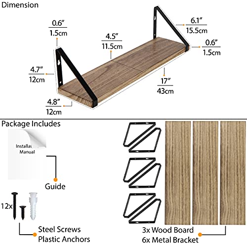 Wallniture Ponza Floating Shelves For Wall, Laundry Room And Bathroom Storage Shelf Unit Set Of 3, Natural Burned Rustic Wood Wall Decor With Metal Floating Shelf Bracket #TOP2