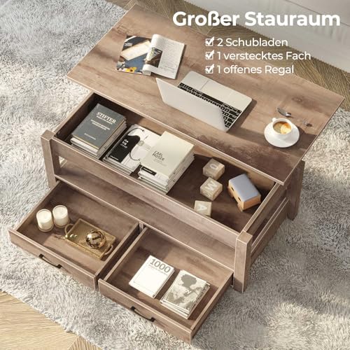 Couchtisch Höhenverstellbar, Couchtisch mit 2 Schublade, Hubplatte, Wohnzimmertisch mit Verstecktes Ablagefach, für Wohnzimmer – Bild 5