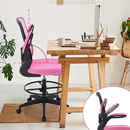Drafting Chair Tall Office Chair Mid-Back Mesh Ergonomic Computer Chair High Adjustable Standing Desk Chair With Lumbar Support Adjustable Foot Ring And Flip-Up Arms (Pink) #TOP1