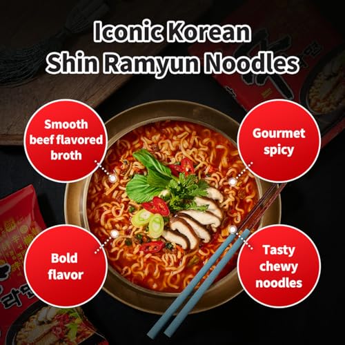 Image of Nongshim Shin Ramyun Noodles, Spicy Korean Signature Instant Ramyun, Rich Beef Flavored Broth, Microwaveable, Korean Instant Noodles, 4.23 oz (Pack of 16), Packaging May Vary