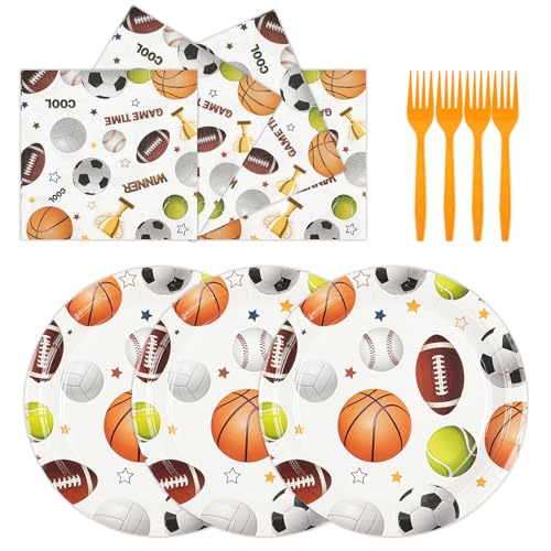 75PCS Sports Birthday Party Decorations, 7Inch Sports Theme Party Plates and Napkins Baseball Football Soccer Basketball Volleyball Disposable Tableware Set Party's Supplies for Birthday Baby Shower