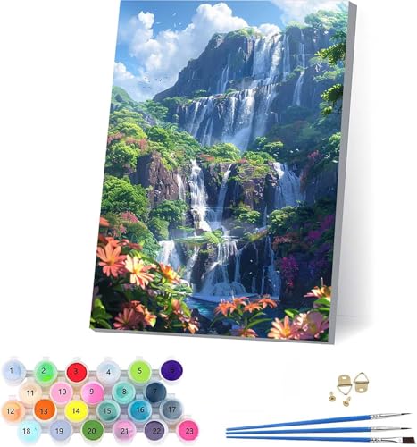 数字油絵 山 大人用 DIY ペイントバイナンバー Waterfall 手塗り 絵 デジタル油絵セット ブラシとアクリル絵具付き 数字塗り絵 大人のクラフトアクティビティ Paint by Numbers ホーム オフィス装飾 誕生日プレゼント女性 70x