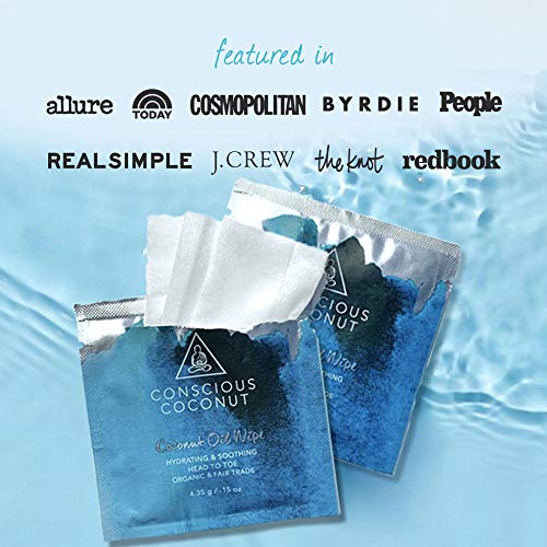 Conscious Coconut - Certified Organic Face & Body Moisturizing Wipes, Infused With Coconut Oil To Soothe And Hydrate On-The-Go Or Traveling. Soothes Rashes, Sunburns, Chafing, Eczema. Biodegradable, Individually Wrapped Coconut Oil Wipes (25 Count) #TOP4