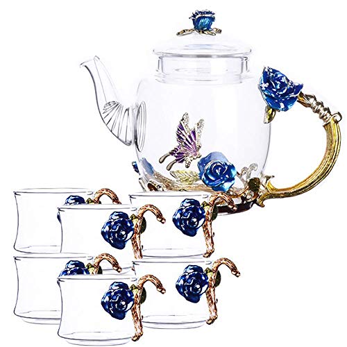 Glas Teekanne - 280 ml - Frankreich Emaille Blue Rose Blume Schmetterling Dekoration Hitzebeständiger Glas Teekanne Wasserkocher mit Sieb für