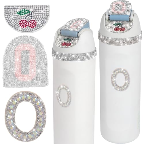 JUNIQUTE 4 PCS Use for Owala Water Bottle 16oz 24oz 32oz 40oz Accessories,Juni QUTE, Bling Rhinestone Letter Charms and Stickers Cherry Designs for Owala (O)