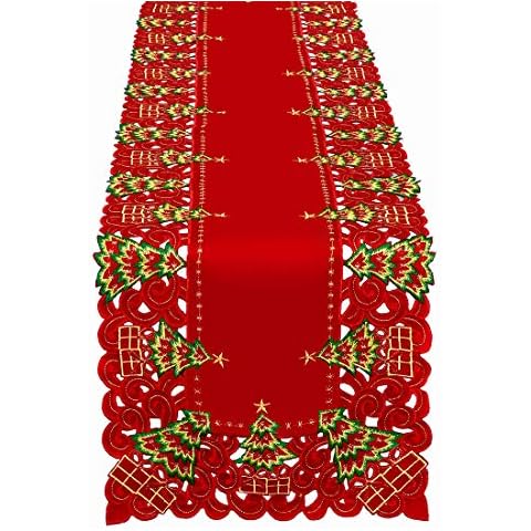 GRELUCGO Embroidered Christmas Holiday Holly Tree Table Runner, Dresser Scarf, Rectangular 15 x 70 Inch Cover