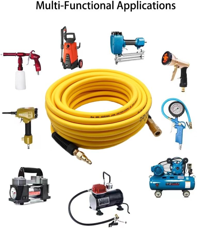 Hybrid Air Hose 1/4-Inch x 50FT,Air Compressor Hose 300 PSI Heavy Duty,Lightweight,Kink Resistant,All-Weather Flexibility with 1/4-Inch Industrial Air Fittings and Bend Restrictors,Yellow