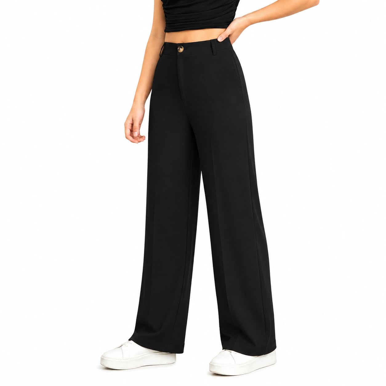 Women's Wide Leg Pants | High Waist Fabric Formal Trousers | Solid Black Regular Fit Palazzo Pants-image-36