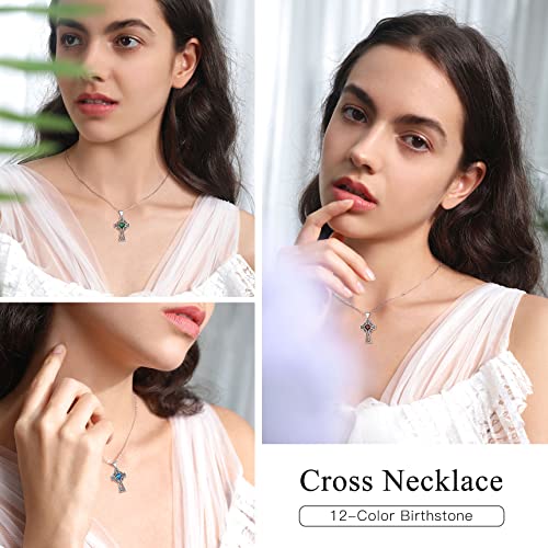 Bestyle Silver Celtic Cross Necklace with 12 Month Heart Birthstone, Dainty Celtic Birthstone Necklace Silver Chain for Women Faith Irish Amulet Lucky Birthstone Jewelry2