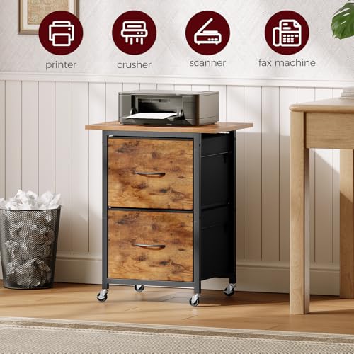 MAHANCRIS Rollcontainer mit Schubladen, Aktenschrank, Büroschrank, Druckerständer mit 2 Schubladen, mit Rollen, verstellbare Hängestange für Dokumente im A4-, Letter-Format, Dunkelbraun AFCHR5801