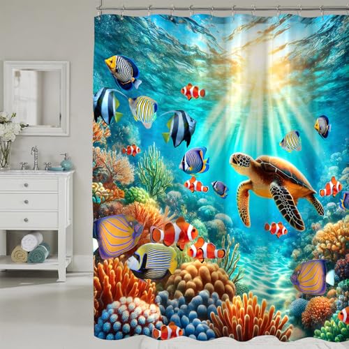 COSEVIER Sea Turtle Shower Curtain for Bathroom Ocean Beach Coastal Seaworld Marine Life Bath Set with Hooks Home Decoration 72x84 Inch Fabric Waterproof by COSEVIER - Used condition - US$18.71