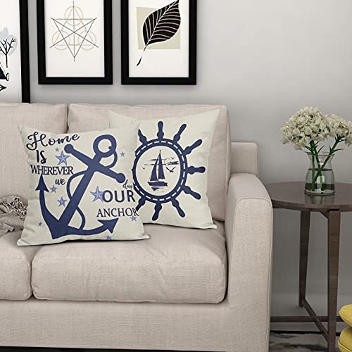 Navy Blue Anchor Throw Pillow Covers 18X18 Inch Fall Outdoor Nautical Decor Coastal Sailing Boat Pillows For Home Bedroom Living Room Linen Pillowscase,Square Cushion Cover,Set Of 2 #TOP6