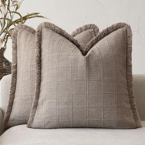 Image of Foindtower Set of 2 Decorative Linen Check Fringe Throw Pillow Covers Farmhouse Vintage Cushion Covers Modern Boho Home Decor for Sofa Chair Couch Bedroom Living Room,18x18 Inch,Tan Taupe