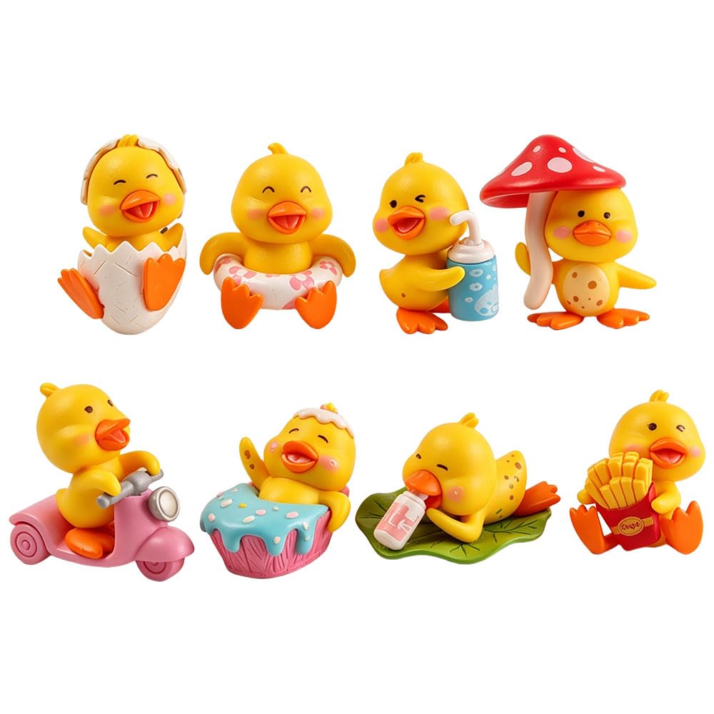 Jehoshaphat 8Pcs Yellow Duck PVC Miniature Statues Cheerful Table Figurines for Home Car Garden Layout Summer Themed Indoor Outdoor Ornament No Power Needed