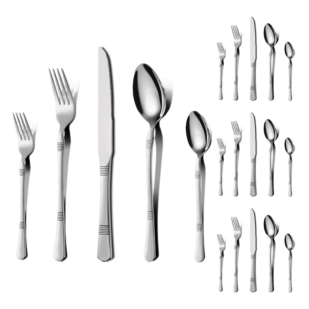 (20 Pezzi) Manico A Righe Orizzontale Da Cucina in Acciaio Inox Argenteria Stoviglie Posate Set Bistecca Coltello Forchetta Cucchiaio Cucchiaino (Argento)