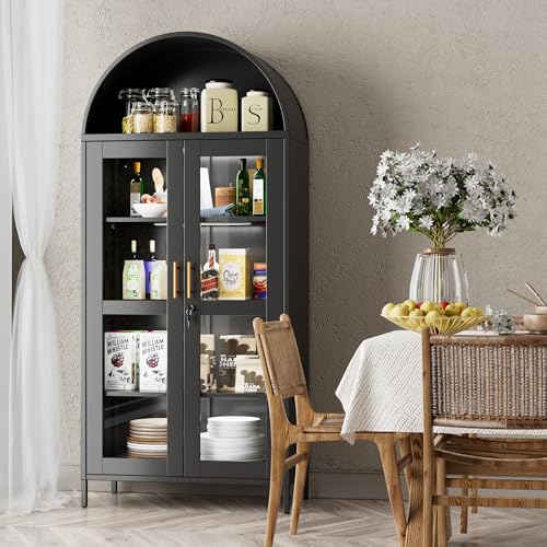 78.74" H Metal Arched Cabinet with Lock and LED Light Strip, Metal Display Cabinet with Glass Doors and Adjustable Shelves,Suitable for Dining Room, Home, Assembly Required,Black - Image 3