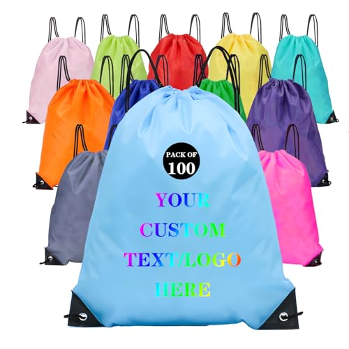 Custom Bags With Your Logo Set of 100 Custom Backpack Draw String Bags Pack Bulk for Travelling Swimming Gym Everyday Use (Blue 1)