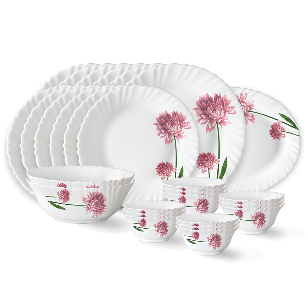Larah by Borosil Nargis Fluted Series Opalware Dinner Set | 27 Pieces