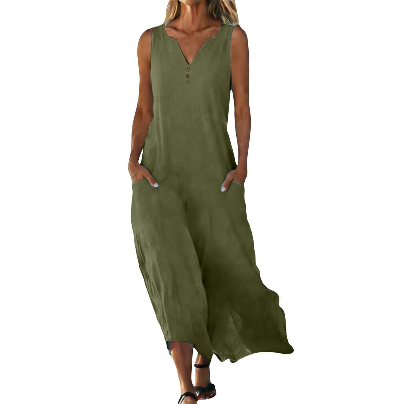Robe de plage pour femme - Longueur genou - Mini tunique bohème - Robe de plage unie en lin - Sans manches - Avec poches et boutons décoratifs - Col en V - Robe de loisirs pour les vacances et la vie