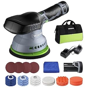 WORKPRO Excentrische polijstmachine 12 V, accu polijstmachine 2800-5500RPM, excentrische polijstmachine draadloos 150 mm, met 2 x 2,0 Ah accu & 1 tas & 23 accessoires, auto polijstmachine set