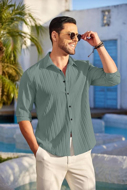 Image of FINIVO FASHION Men's Casual Cotton Plain Button Down Shirt Long Sleeve Textured Summer Beach Shirt for Men