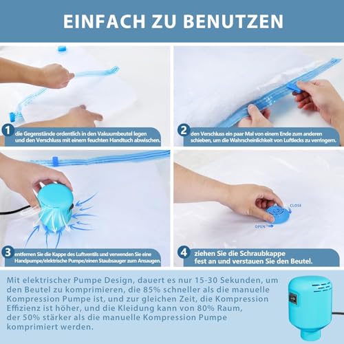Kissleaf Vakuumbeutel für Kleidung Bettdecken mit Elektrische Pumpe 6 Stück (3 Jumbo, 3 groß) Reise Schnelles Ablassen der Luft Platzsparend,wasserdichtplus Größe für mehr Kompression