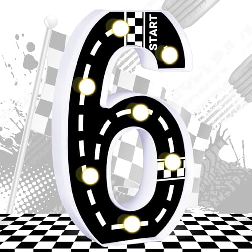Racing Car Light Up Numbers Checkered Decorations Happy Birthday Light Up Sign Racetrack Inspired Decor Cars Theme Party Supplies (Number 6)