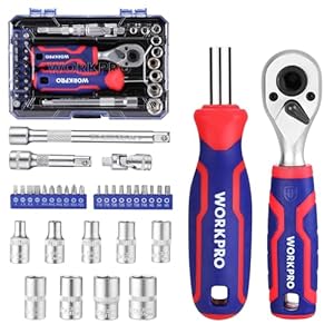 WORKPRO 34-delige 1/4″ Steeksleutelset, Ratschenset met Verlengstangen en Magnetische Snelwissel-Schroevendraaier voor Doe-Het-Zelf, Autoherstel en Dagelijkse Onderhoud met Gereedschapskist