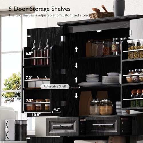 Image of Ball & Cast 71″Tall Farmhouse Kitchen Pantry Cabinet with 3 Pull Out Shelves & 2 Large Drawers,Versatile Pantry Storage Cabinet w / 6 Door Shelf & Adjustable Shelves for Kitchen,Dining Room,Black