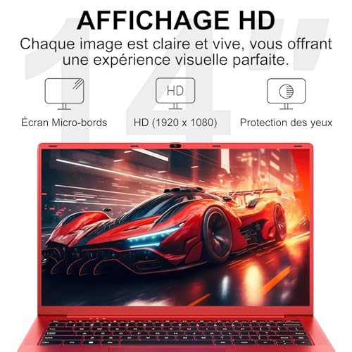 Ordinateur Portable 14 Pouces Celeron N5095 Jusqu’à 2.9 GHz Win11 PC Portable 8Go RAM 256Go SSD Extension1To Laptop avec Souris sans Fil qwerty Clavier avec AZERTY Membrane du Clavie - Rouge Métal-1 – Image 6