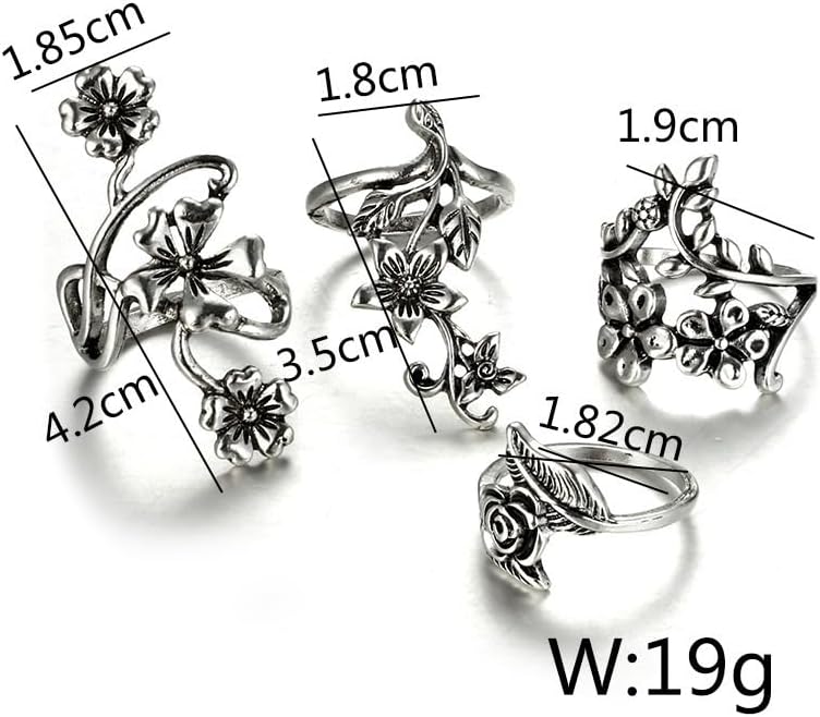 Miniatura 6 de Juego de 4 anillos de nudillos de plata vintage para mujer, estilo bohemio, retro, apilables, anillos de dedo, grunge, gótico, punk, gruesos,