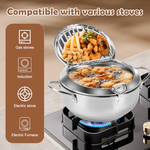 Fritteuse,Japanische Tempura Fritteuse Topf Mit Thermometer,Deckel Und Abtropfgestell,Japanischer Frittiertopf aus Edelstahl Für Pommes Frites, Hühnerflügel Und Garnelen(20cm)