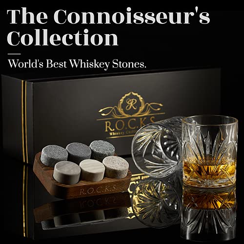 Foto von Whiskey Steine Set - 6 Handgefertigte Runde Granit Whisky Steine - 2 Whisky Gläser - Präsentations- und Aufbewahrungsbrett aus Hartholz - Whisky Geschenkset Box mit Goldfolie von Rocks